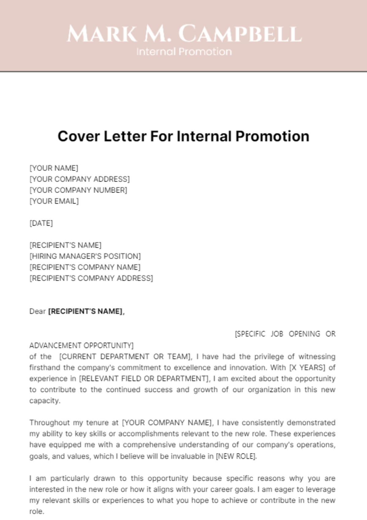 Cover Letter For Internal Promotion Template