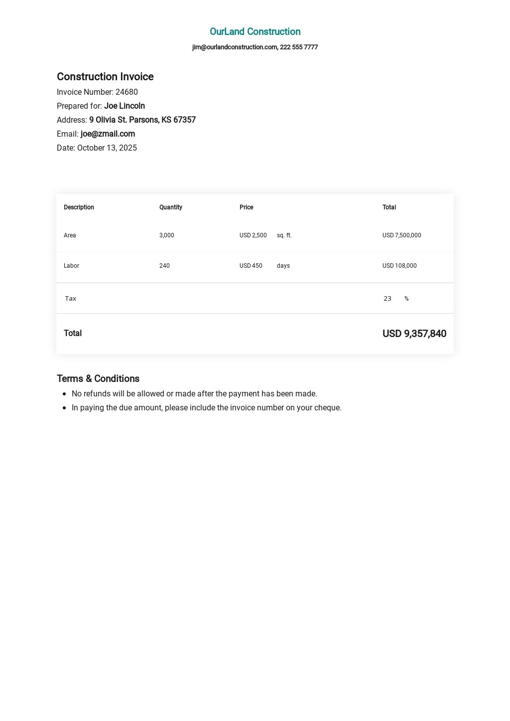 FREE Construction Invoice Template in Microsoft Word (DOC)