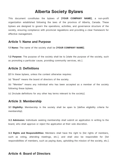 Free Alberta Society Bylaws Template to Edit Online
