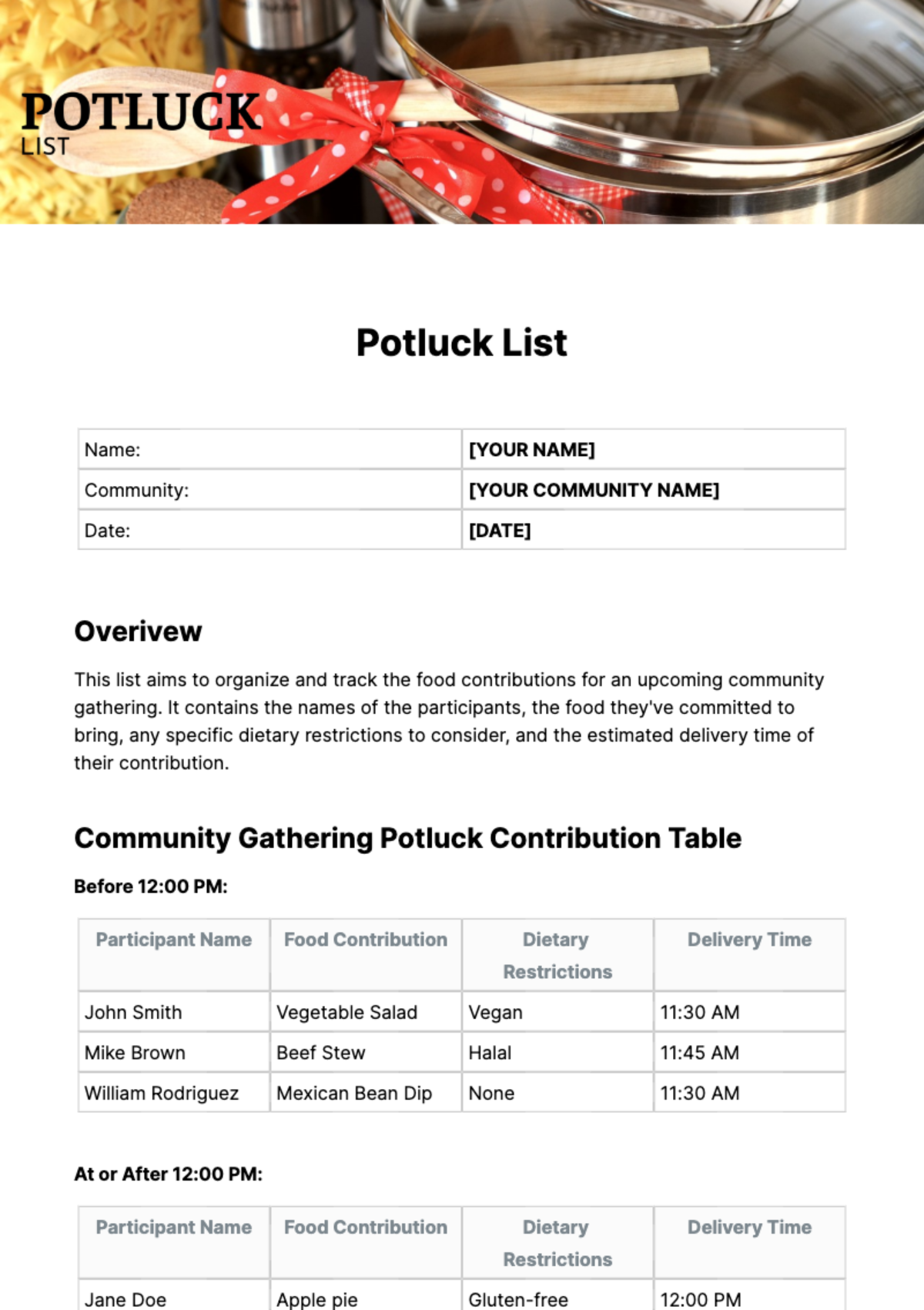 Free Potluck List Template