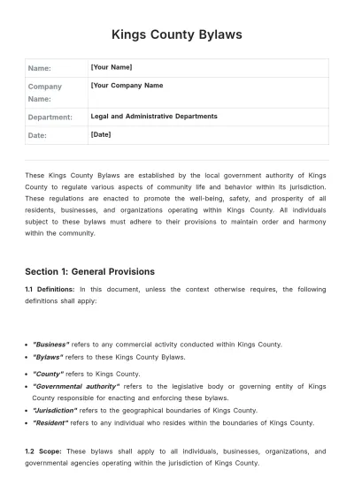 Free Kings County Bylaws Template to Edit Online