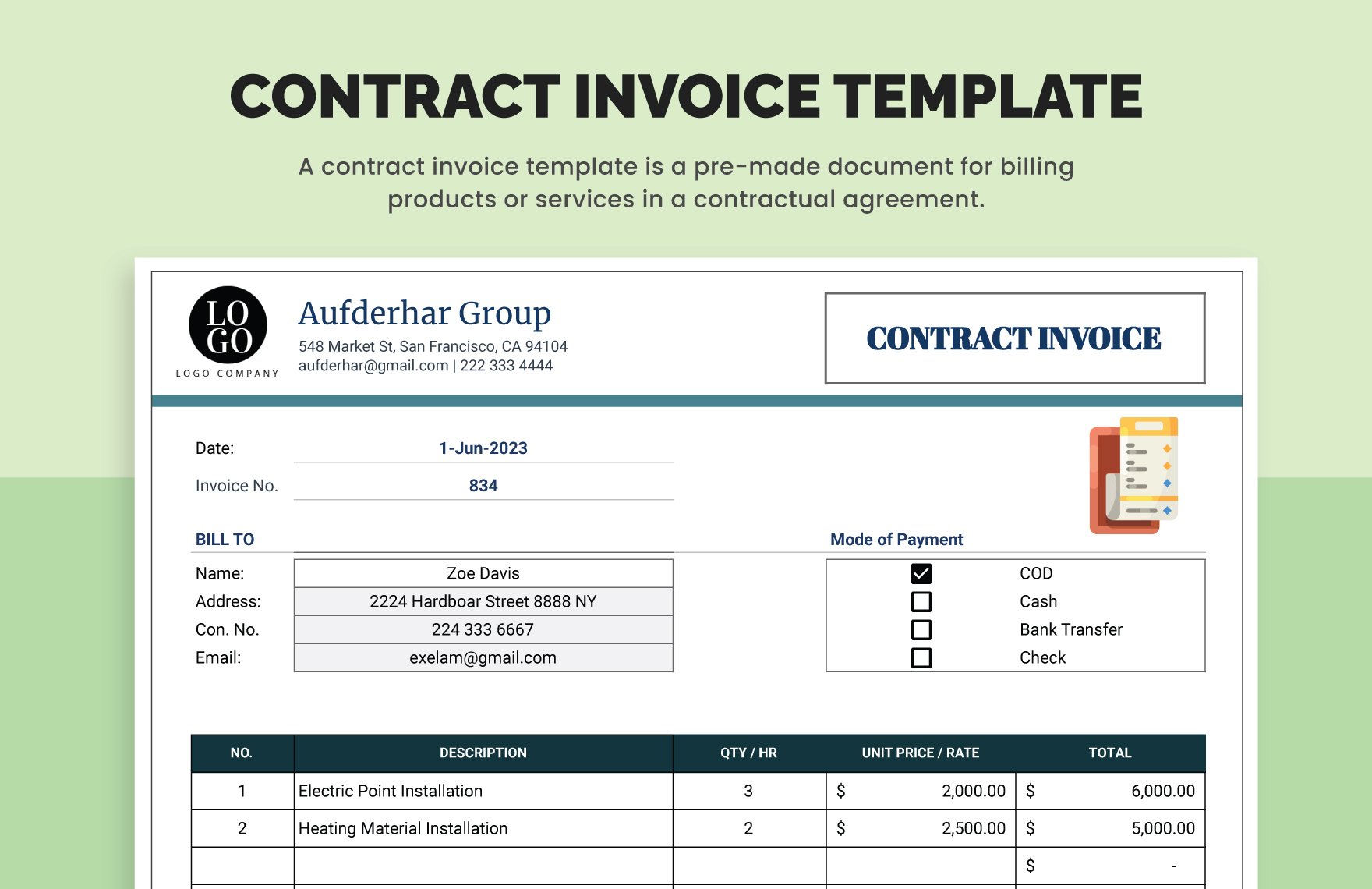 Contract Invoice Template in Word, Google Docs, Excel, PDF, Google Sheets, Apple Pages, InDesign, Apple Numbers