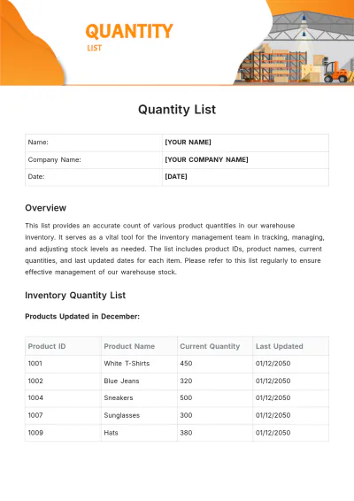 Free Quantity List Template to Edit Online