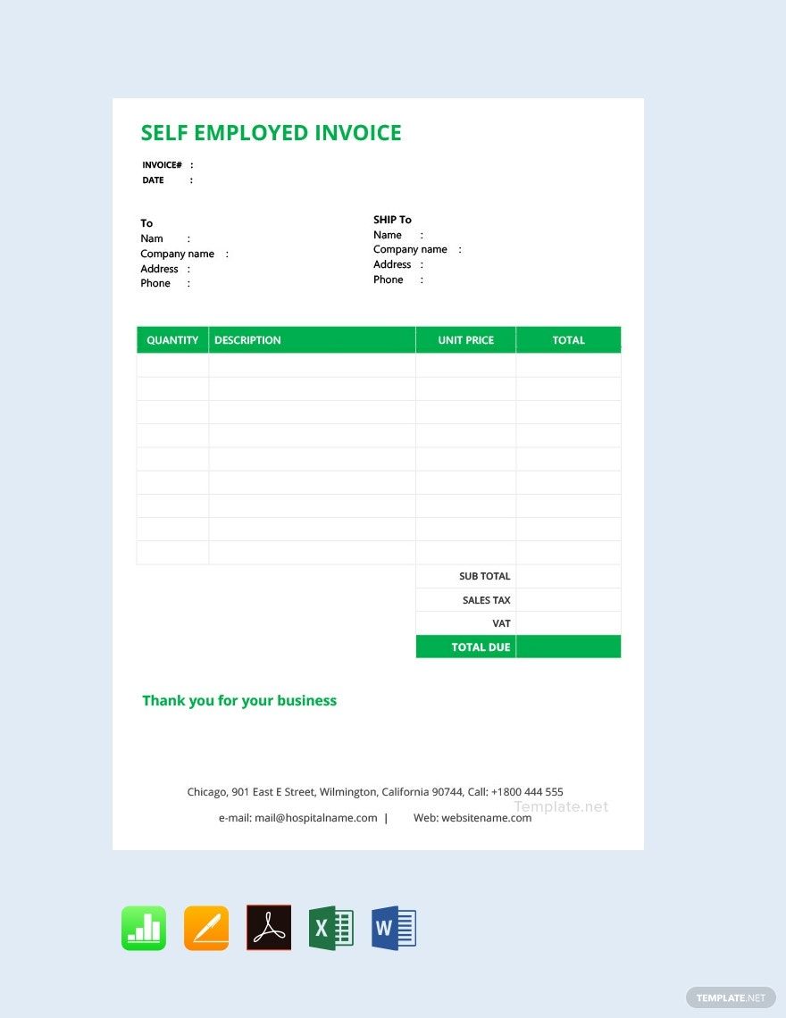 Self Employed Invoice Template in Word, Google Docs, Excel, Google Sheets, Apple Pages, Apple Numbers