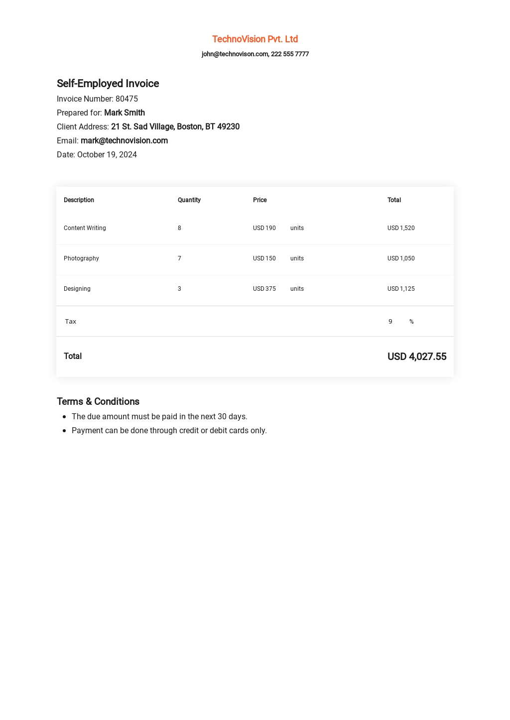 excel self employed printable invoice template