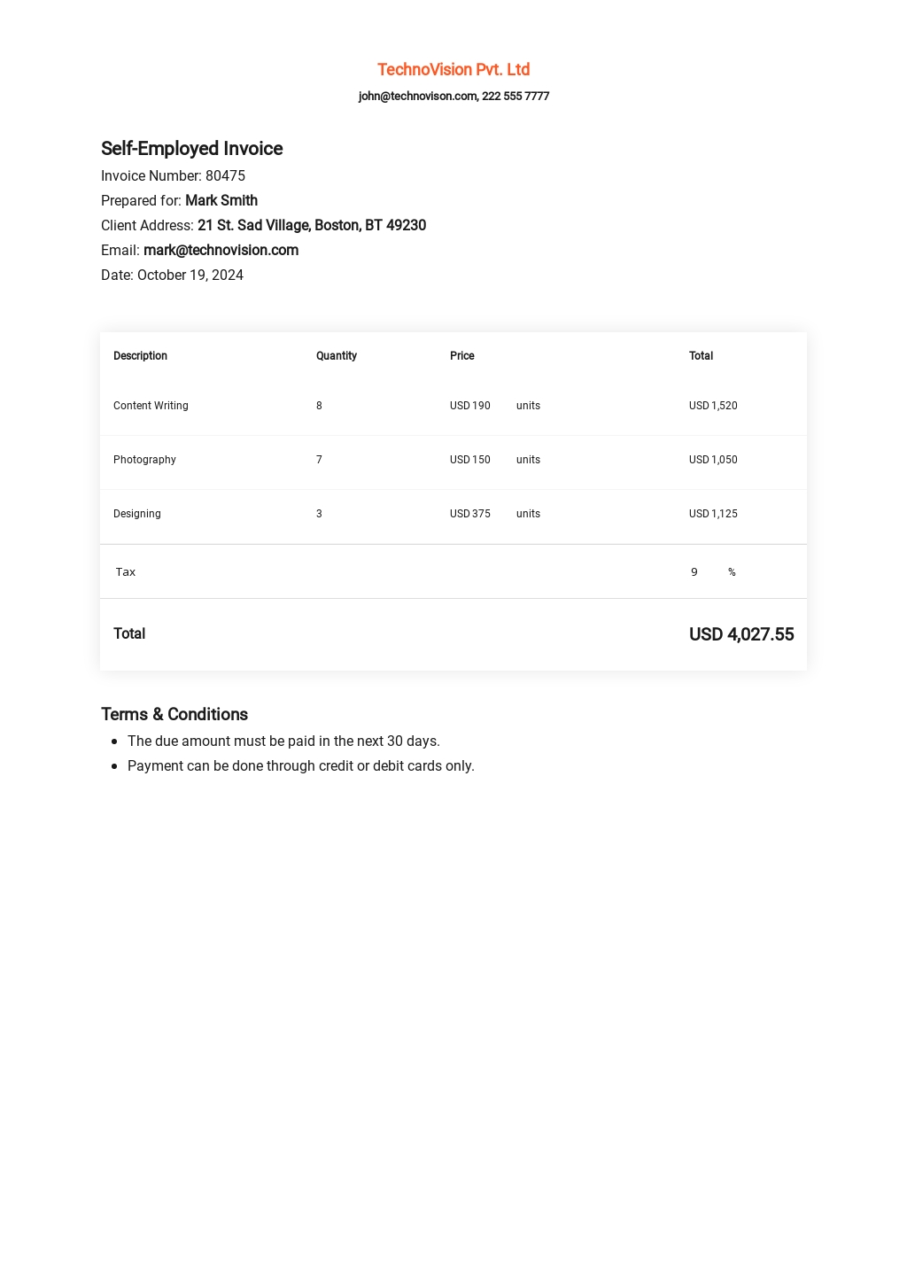 self employed excel invoice template