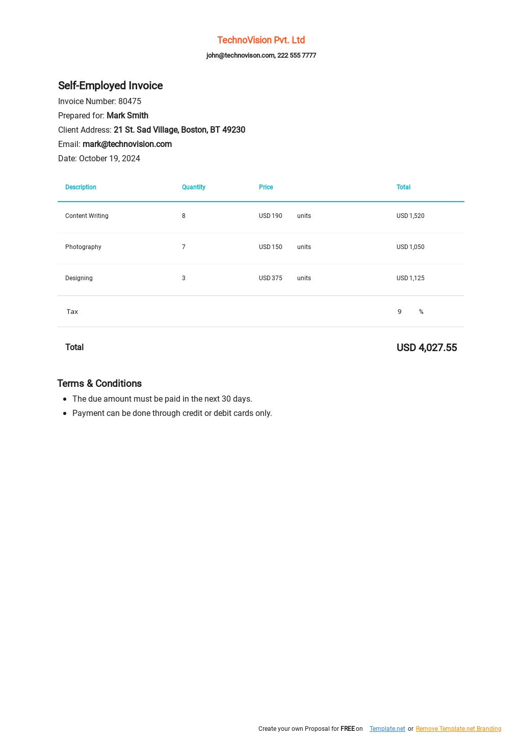 pdf self employed printable invoice template