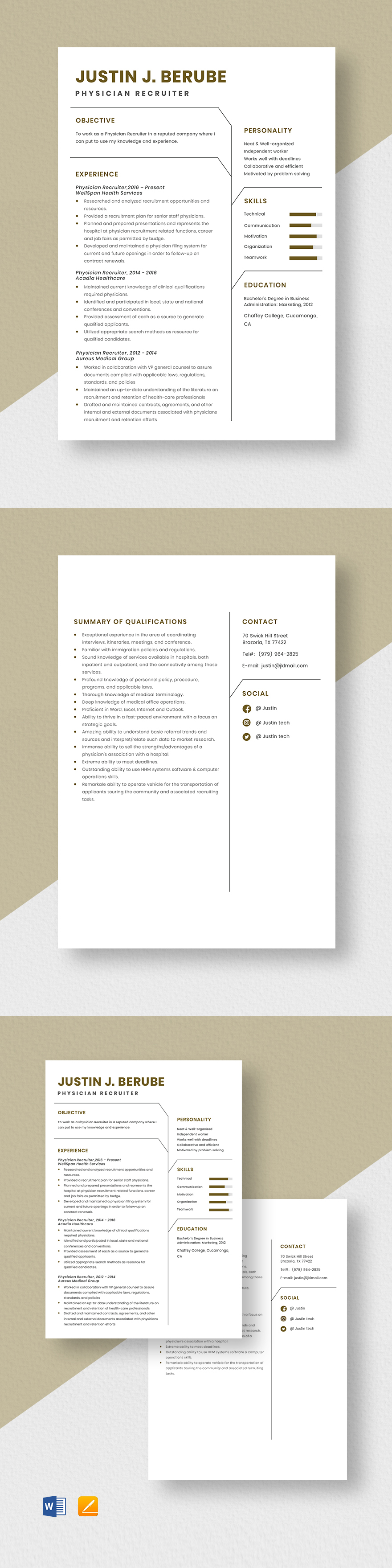 Physician Resume Template Illustrator InDesign Word Apple Pages