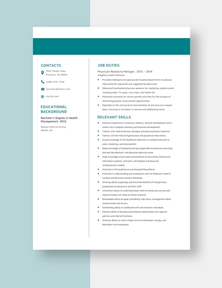 Physician Relations Manager Resume Template