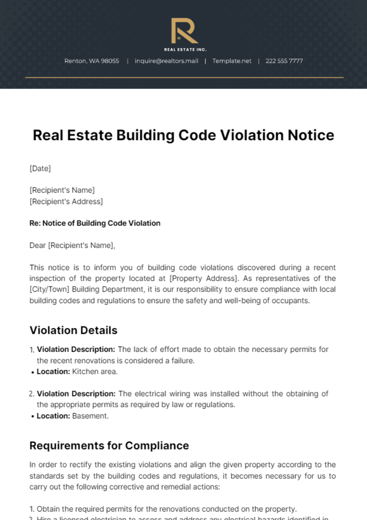 Real Estate Building Code Violation Notice Template