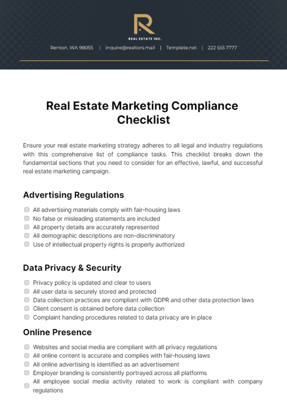 Free Real Estate Marketing Compliance Checklist Template