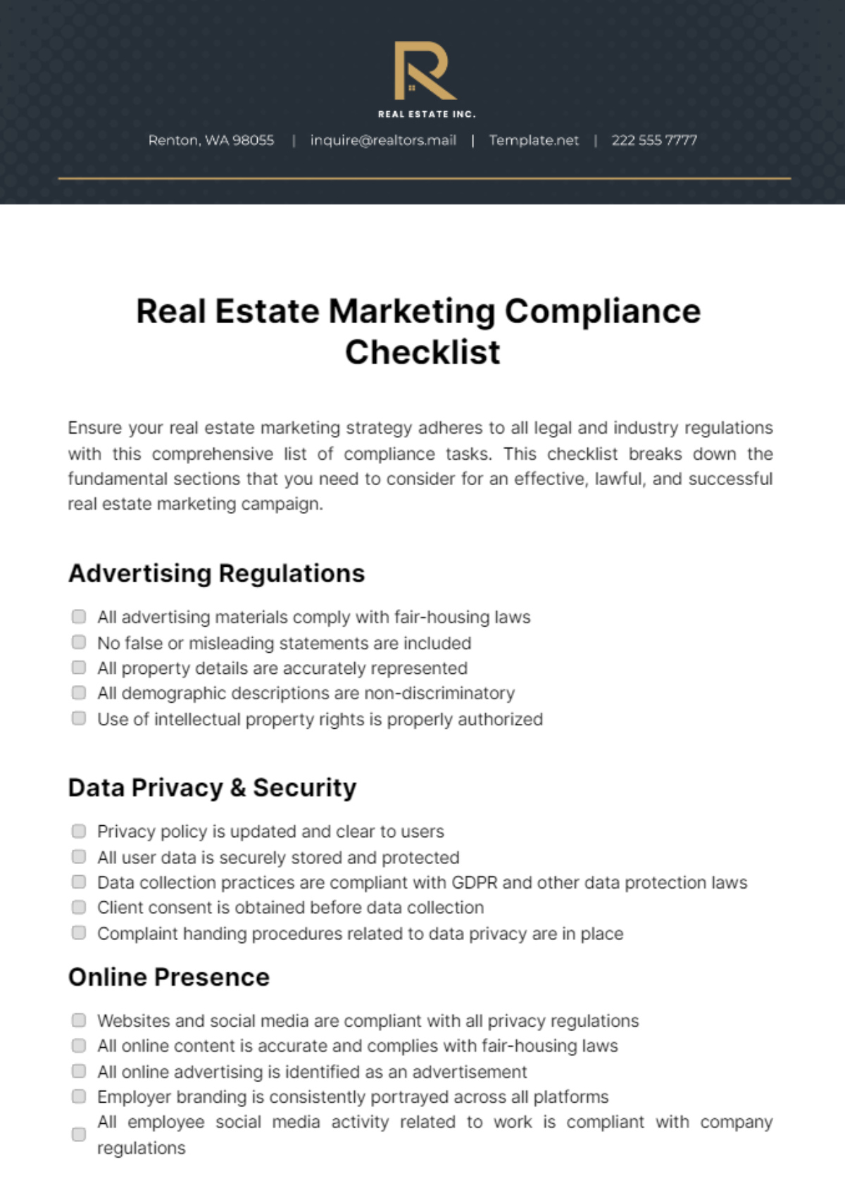 Real Estate Marketing Compliance Checklist Template - Edit Online & Download