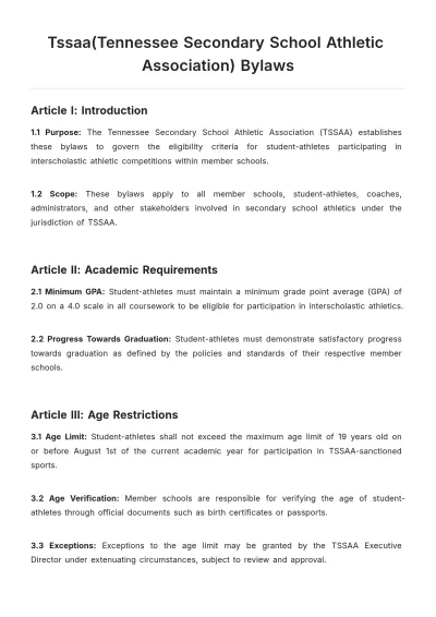 Free Tssaa(Tennessee Secondary School Athletic Association) Bylaws Template to Edit Online
