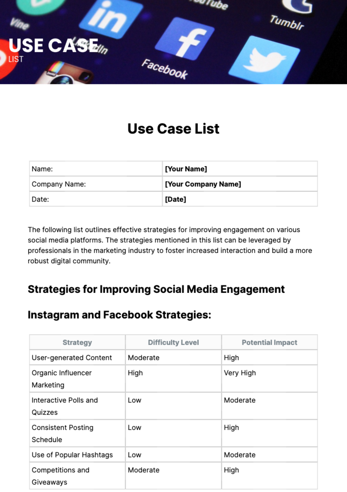 Free Use Case List Template