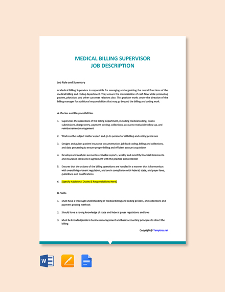 FREE Medical Billing Supervisor Job Description Word Google Docs 