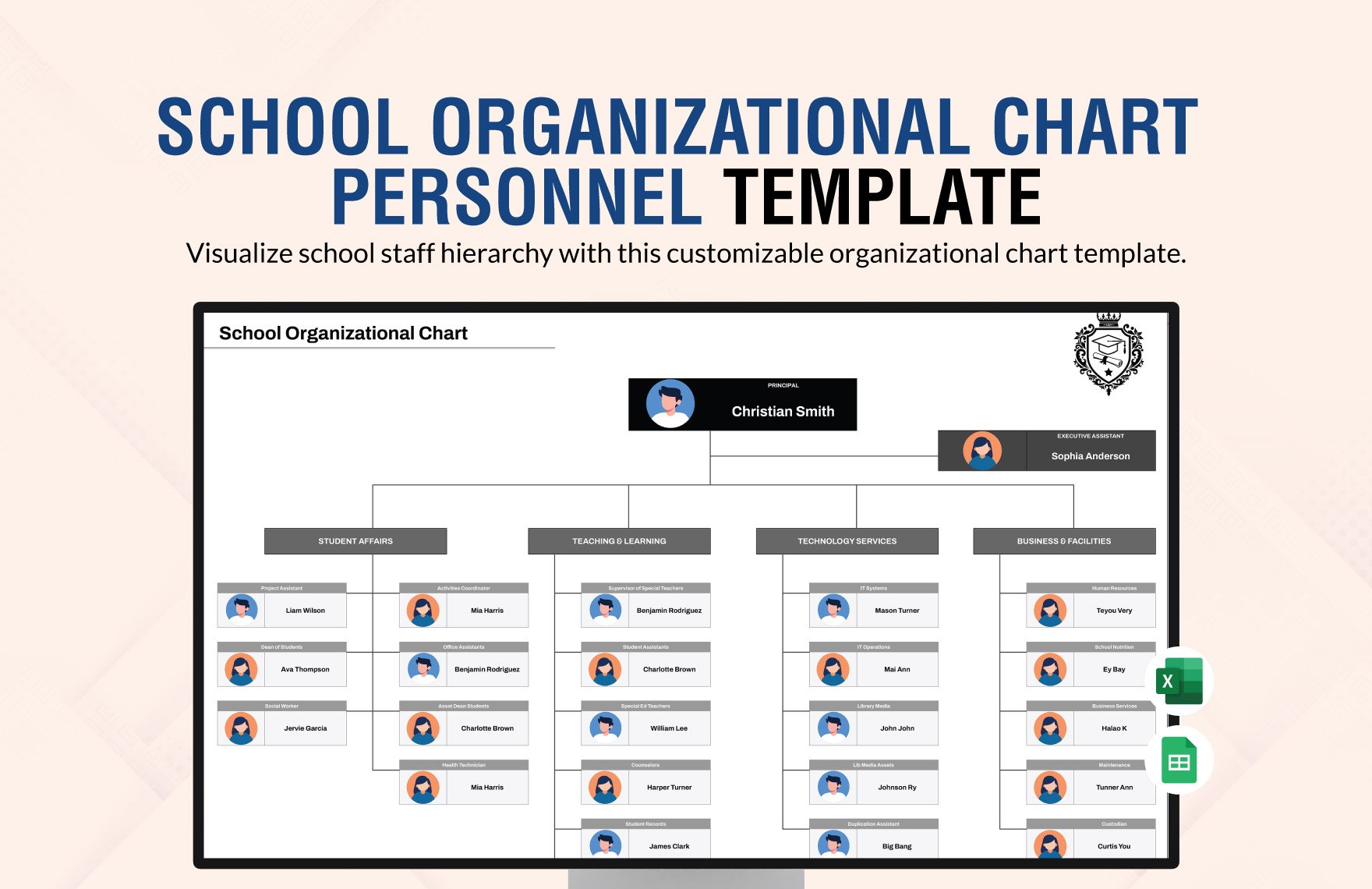 School Organizational Chart Personnel Template in Excel, Google Sheets