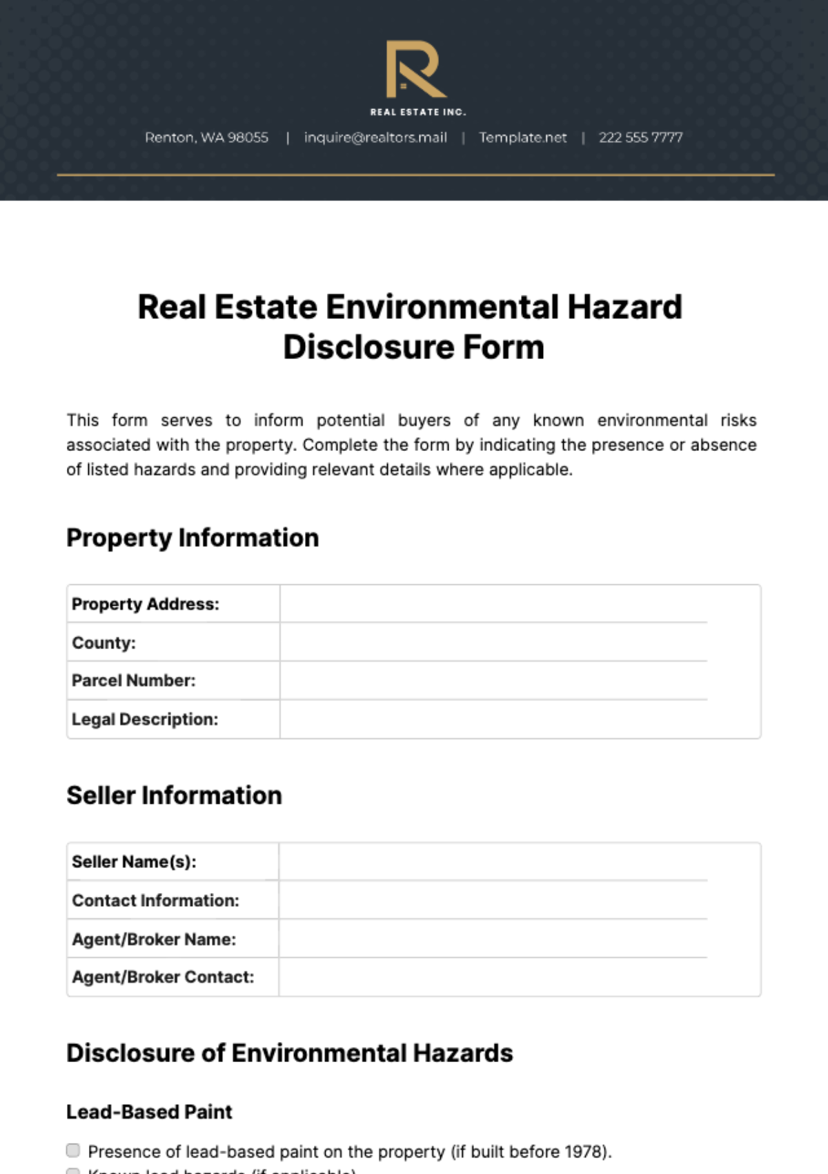 Free Real Estate Environmental Hazard Disclosure Form Template