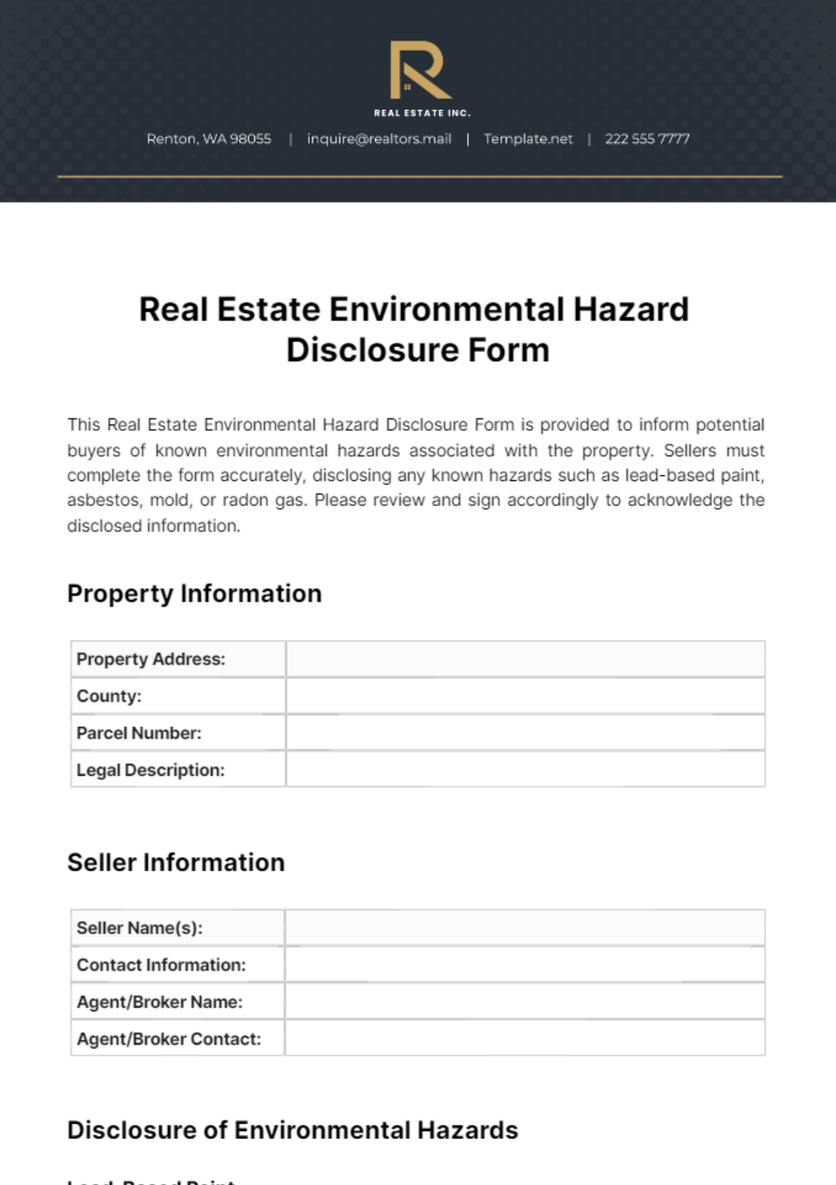 Real Estate Environmental Hazard Disclosure Form Template