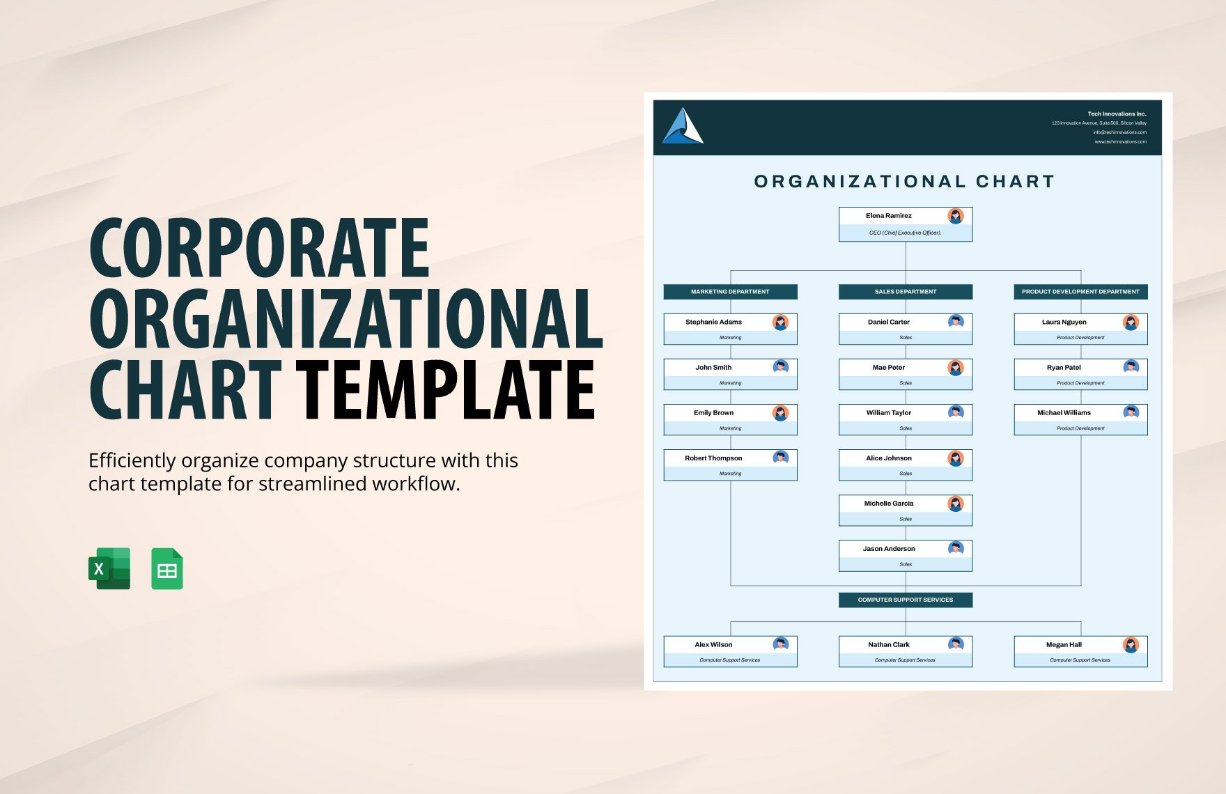 Corporate Organizational Chart Template in Excel, Google Sheets