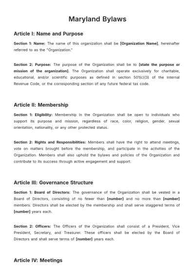 Free Maryland Bylaws Template to Edit Online