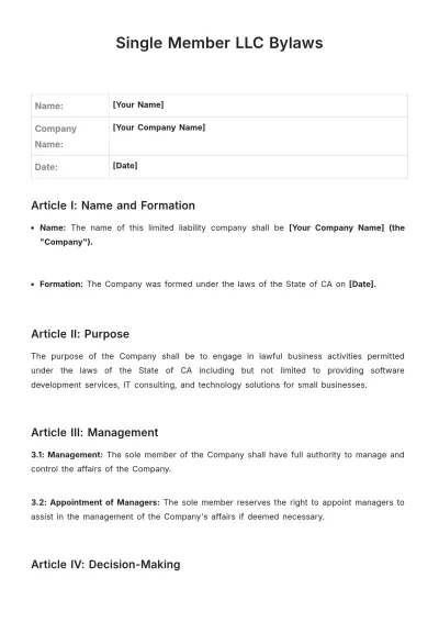 Free Single Member LLC Bylaws Template to Edit Online