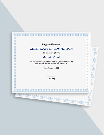 Sample Completion Certificate Template - Google Docs, Illustrator, Word, Apple Pages, PSD, Publisher