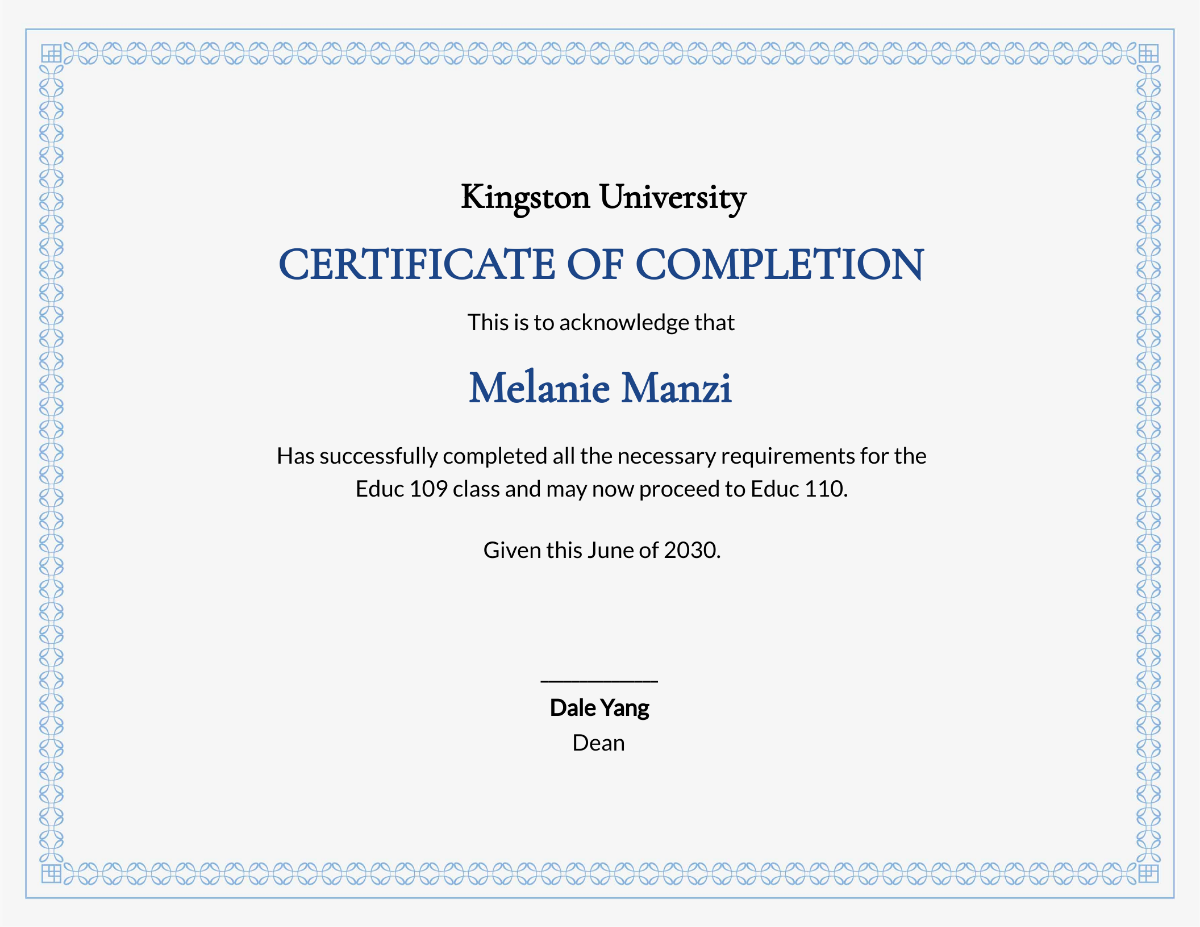 Sample Completion Certificate