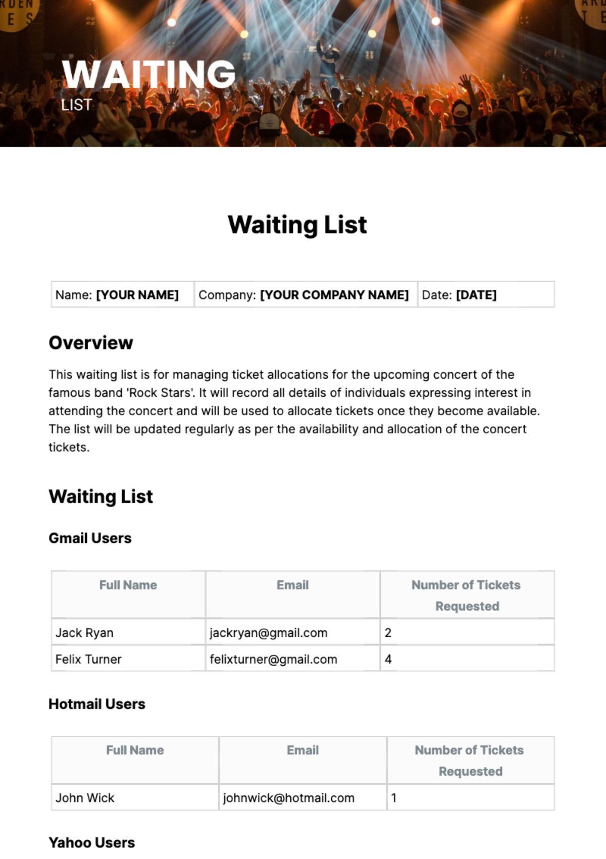 Free Waiting List Template