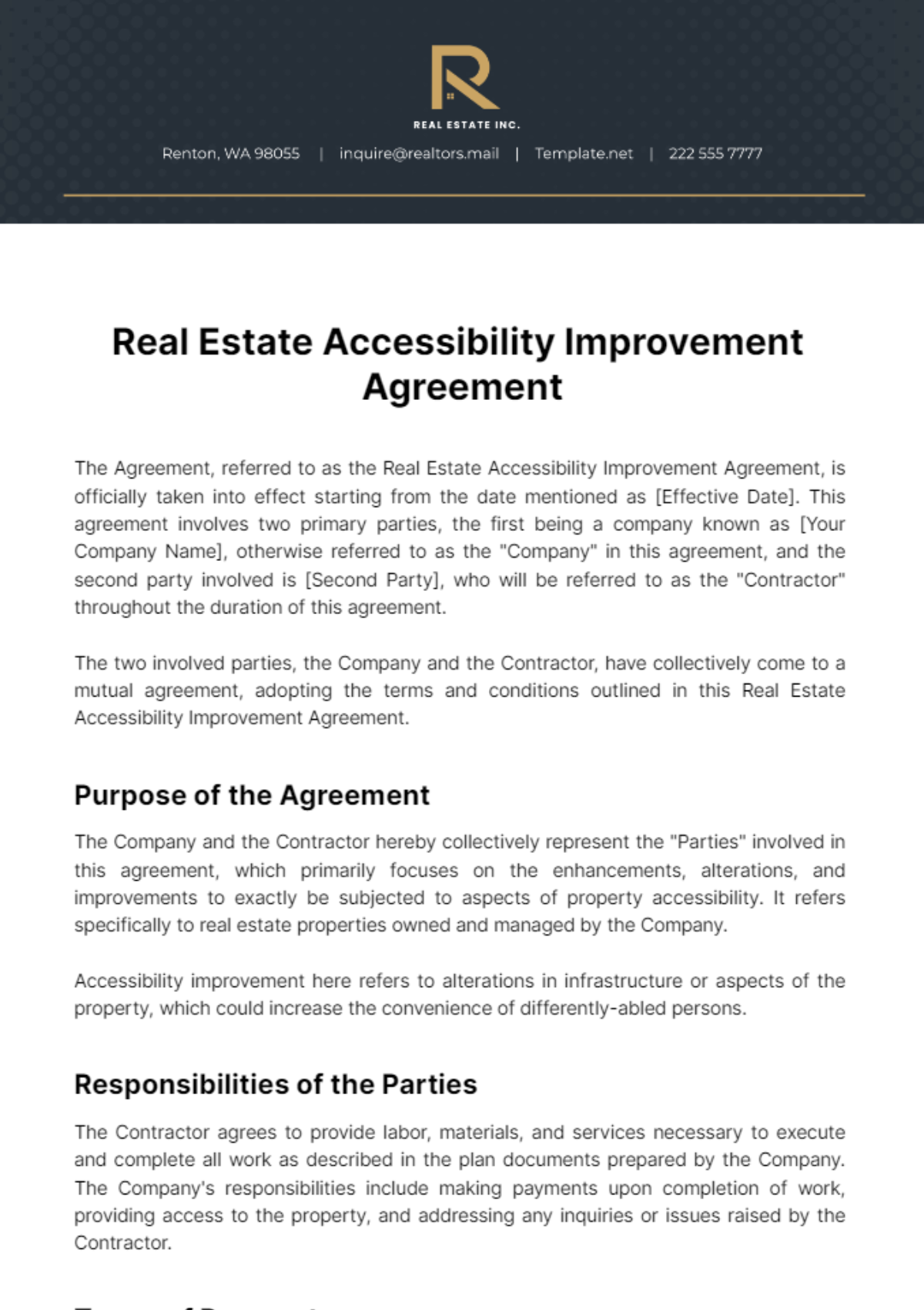 Free Real Estate Accessibility Improvement Agreement Template
