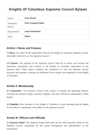 Free Knights Of Columbus Supreme Council Bylaws Template to Edit Online
