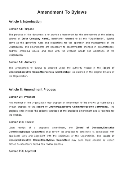 Free Amendment To Bylaws Template to Edit Online