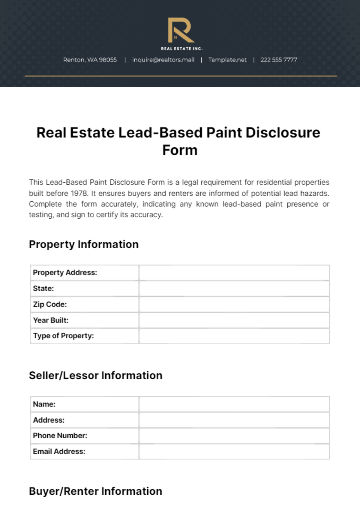 Free Real Estate Lead-Based Paint Disclosure Form Template