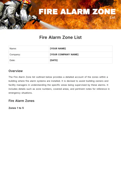 Free Fire Alarm Zone List Template to Edit Online