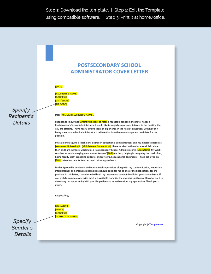 Postsecondary School Administrator Cover Letter
