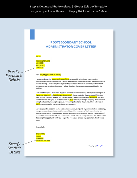 Postsecondary School Administrator Cover Letter Template