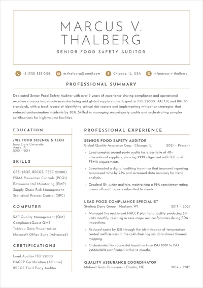 Free Food Auditor ATS Resume Template, AI Resume Builder