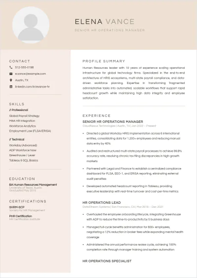 Free HR Operations Manager ATS Resume Template, AI Resume Builder