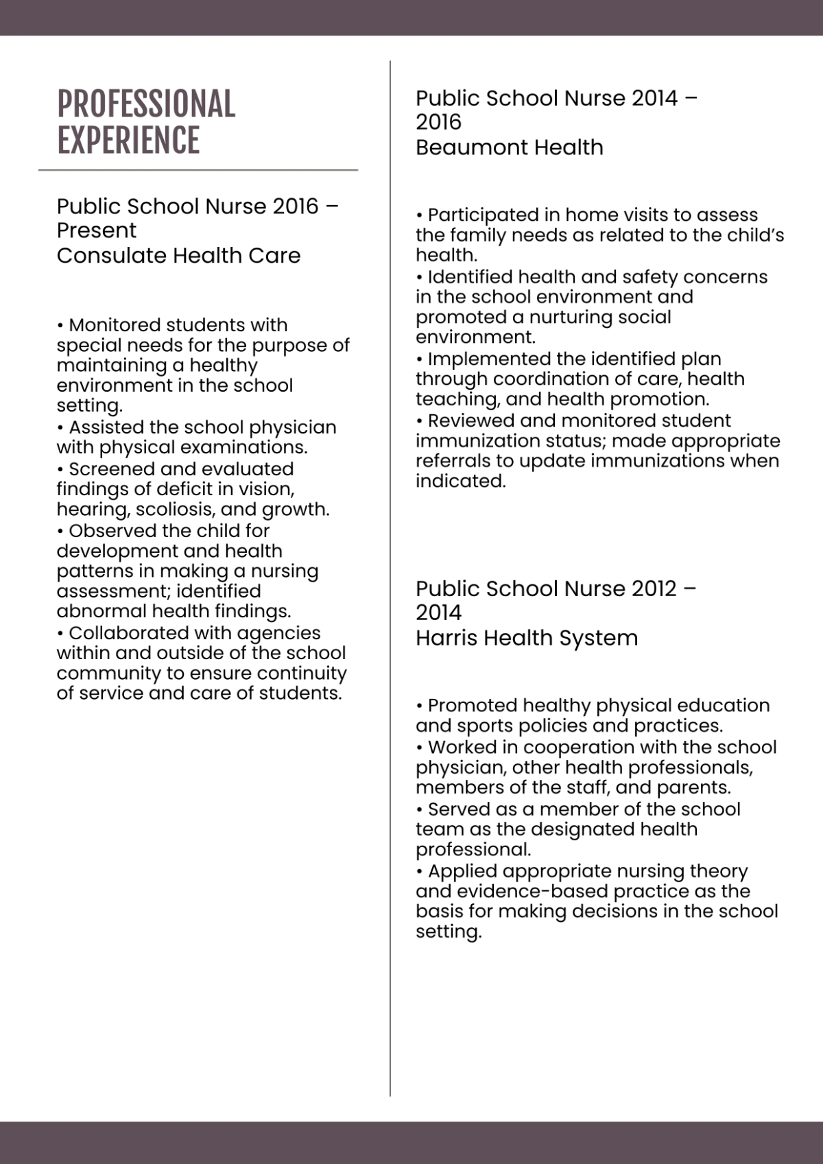 Free Public School Nurse Resume Template to Edit Online