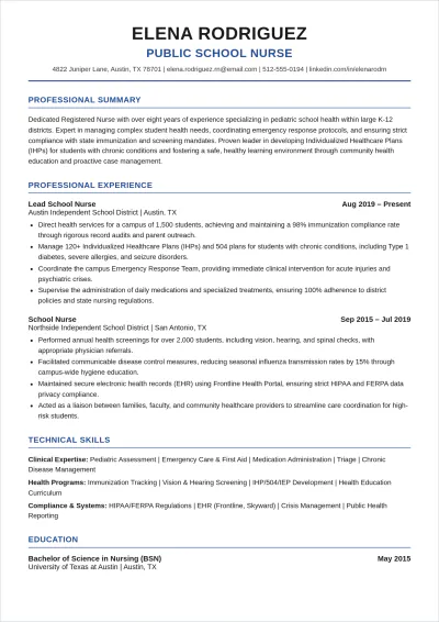 Free Public School Nurse ATS Resume Template, AI Resume Builder