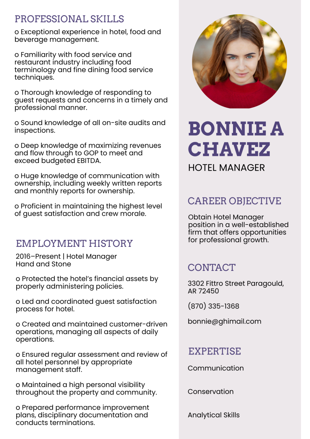 Hotel Manager Resume