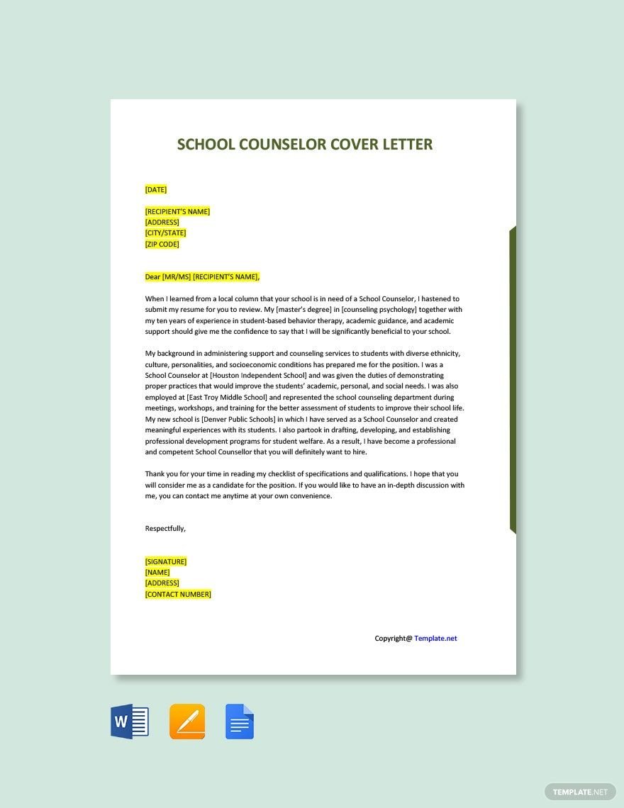 School Counselor Cover Letter in Word, Google Docs, PDF, Apple Pages