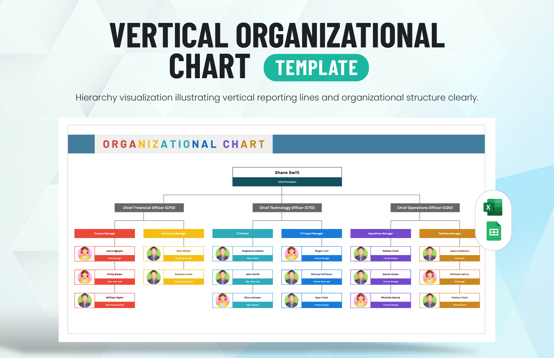 Vertical Organizational Chart Template in Excel, Google Sheets