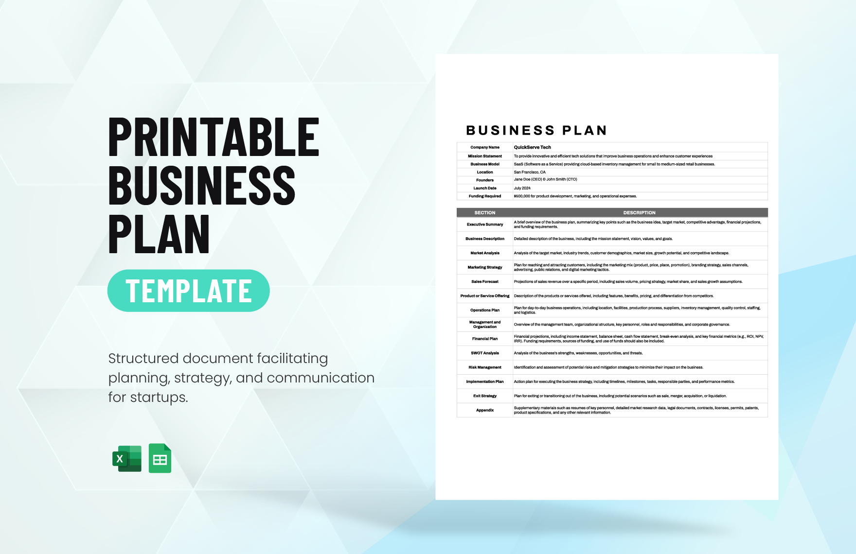Printable Business Plan Template in Excel, Google Sheets