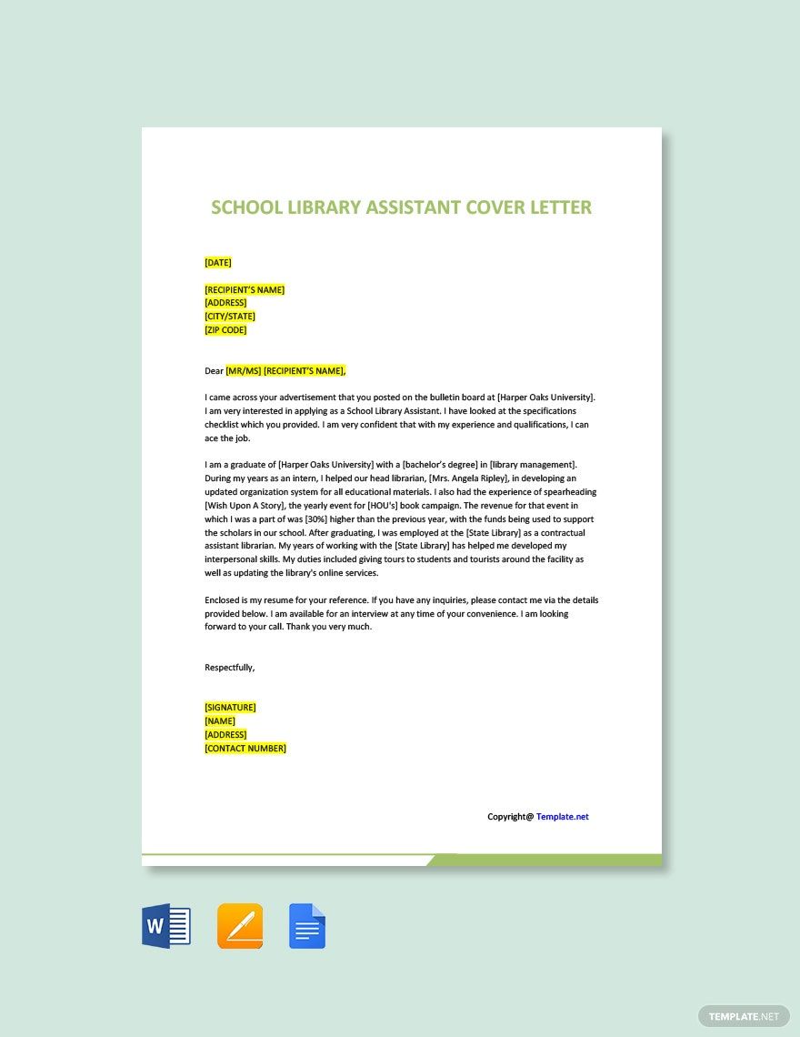 School Library Assistant Cover Letter in Word, Google Docs, Pages, PDF