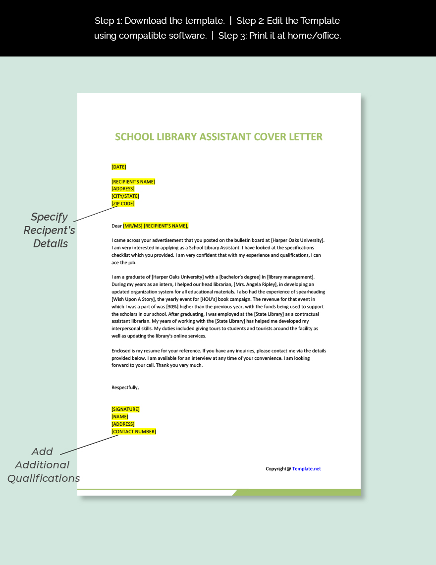 School Library Assistant Cover Letter Template
