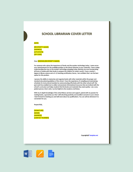 FREE Elementary School Librarian Cover Letter Template - Word | Google ...