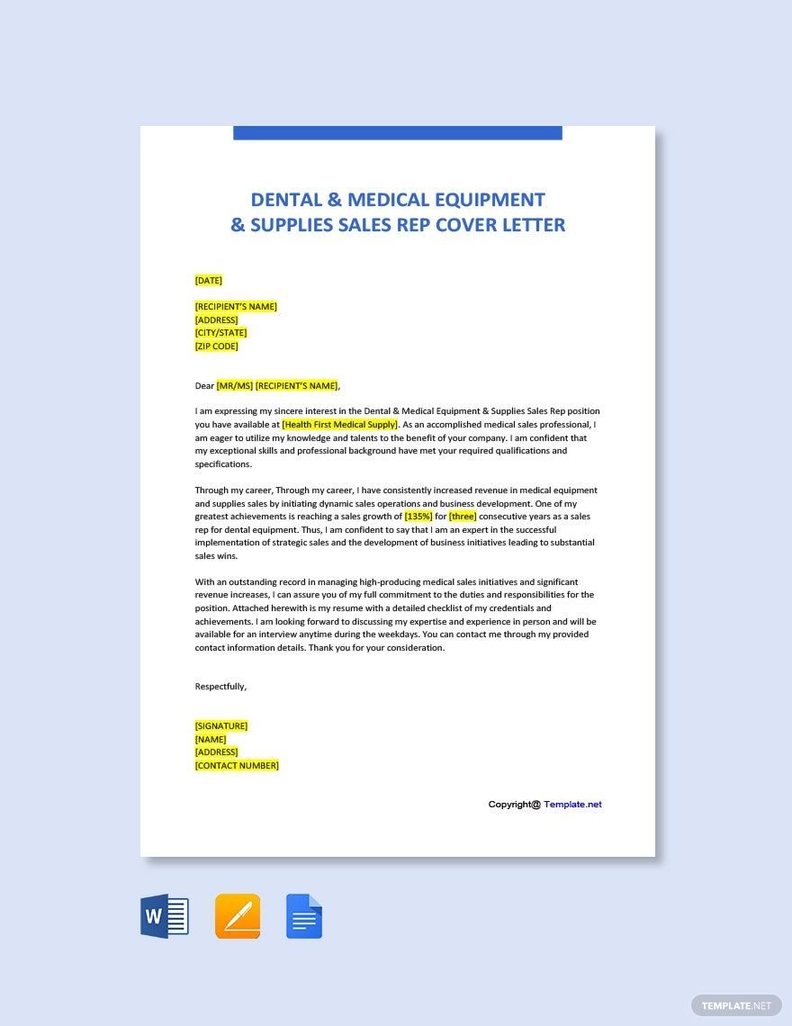 Dental & Medical Equipment & Supplies Sales Rep Cover Letter Template