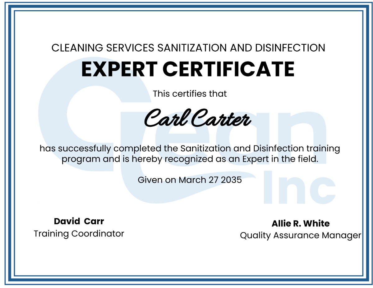 Cleaning Services Sanitization and Disinfection Expert Certificate