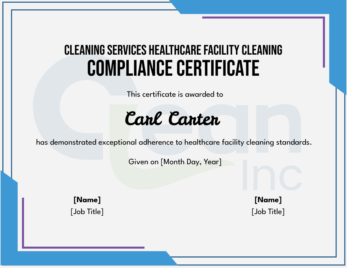 Cleaning Services Healthcare Facility Cleaning Compliance Certificate Template