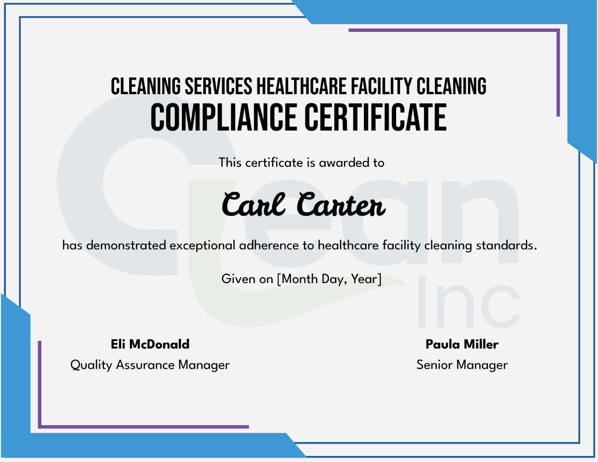 Cleaning Services Healthcare Facility Cleaning Compliance Certificate
